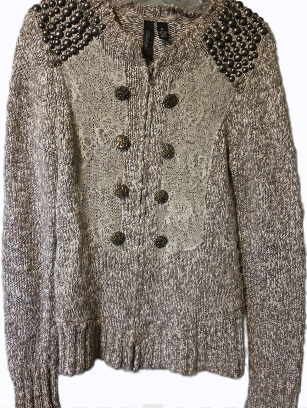 BKE Boutique Cardigan Knit Sweater  Women's Medium Studded Lace Y2k